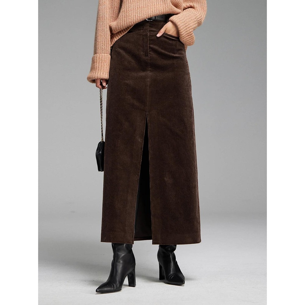 COMMENSE Brown Corduroy Pocket Slit Maxi Skirt Size XS